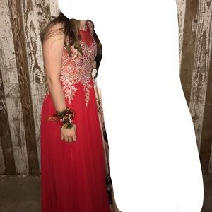 red prom dress w illusion neck line